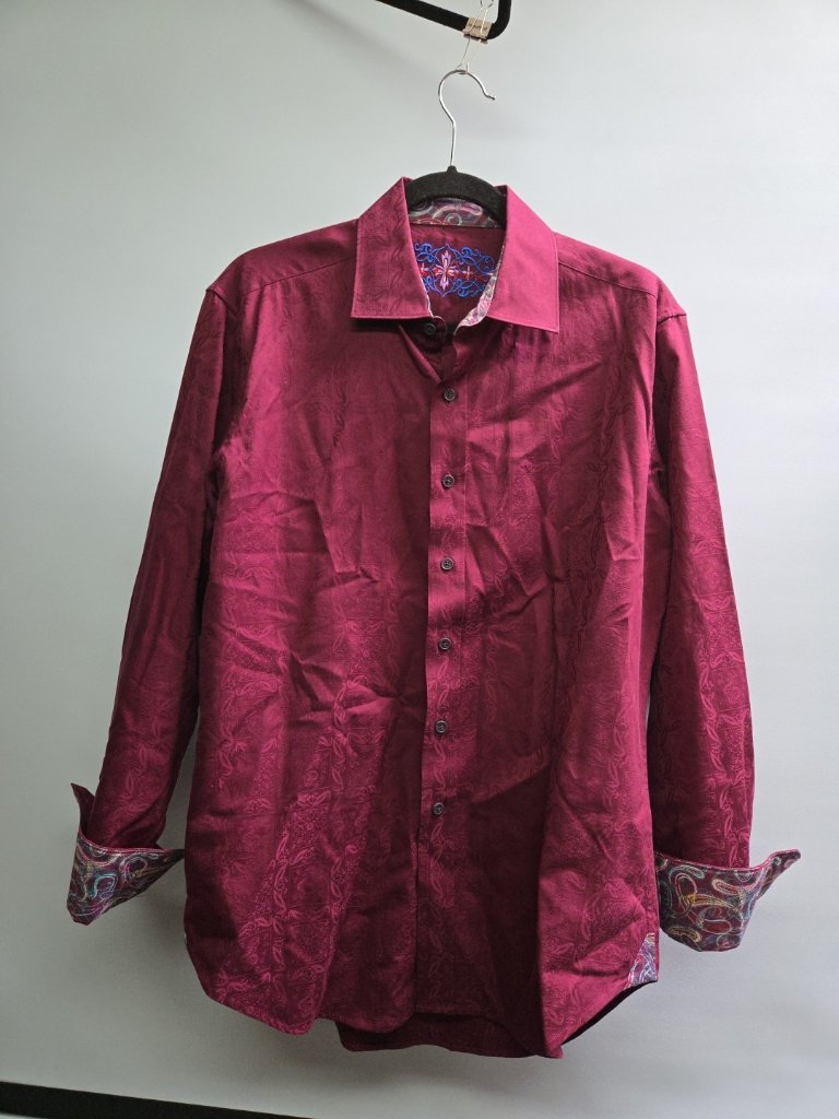 Robert Graham Shirt Mens Medium Maroon Long Sleeve Embroidered Contrast Cuffs